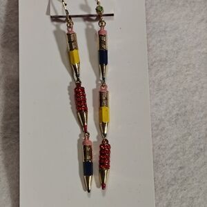 Betsey Johnson Vibrant Pencil Earrings FLAWED Missing Rhinestone Sold AS IS